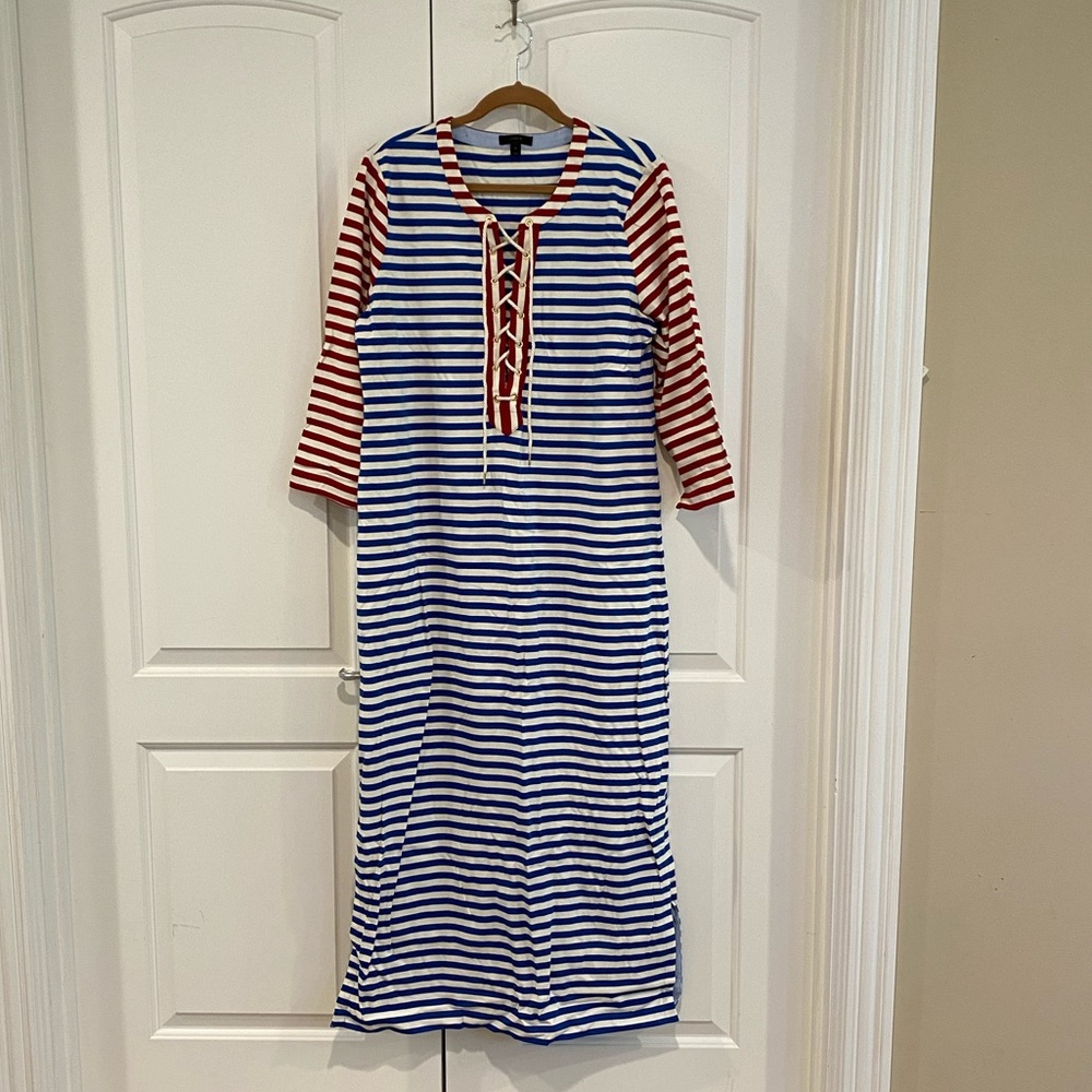J. Crew Striped Red/Blue Lace-up Long-Sleeve Maxi Dress
